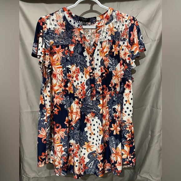 Cocomo Woman Tops - Cocomo Women's Tunic Blouse Plus 1X Floral Paisley Pleated Stretch Short Sleeve